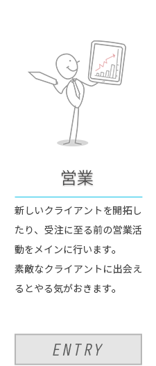 ［営業］新しいクライアントを開拓したり、受注に至る前の営業活動をメインに行います。素敵なクライアントに出会えるとやる気がおきます。